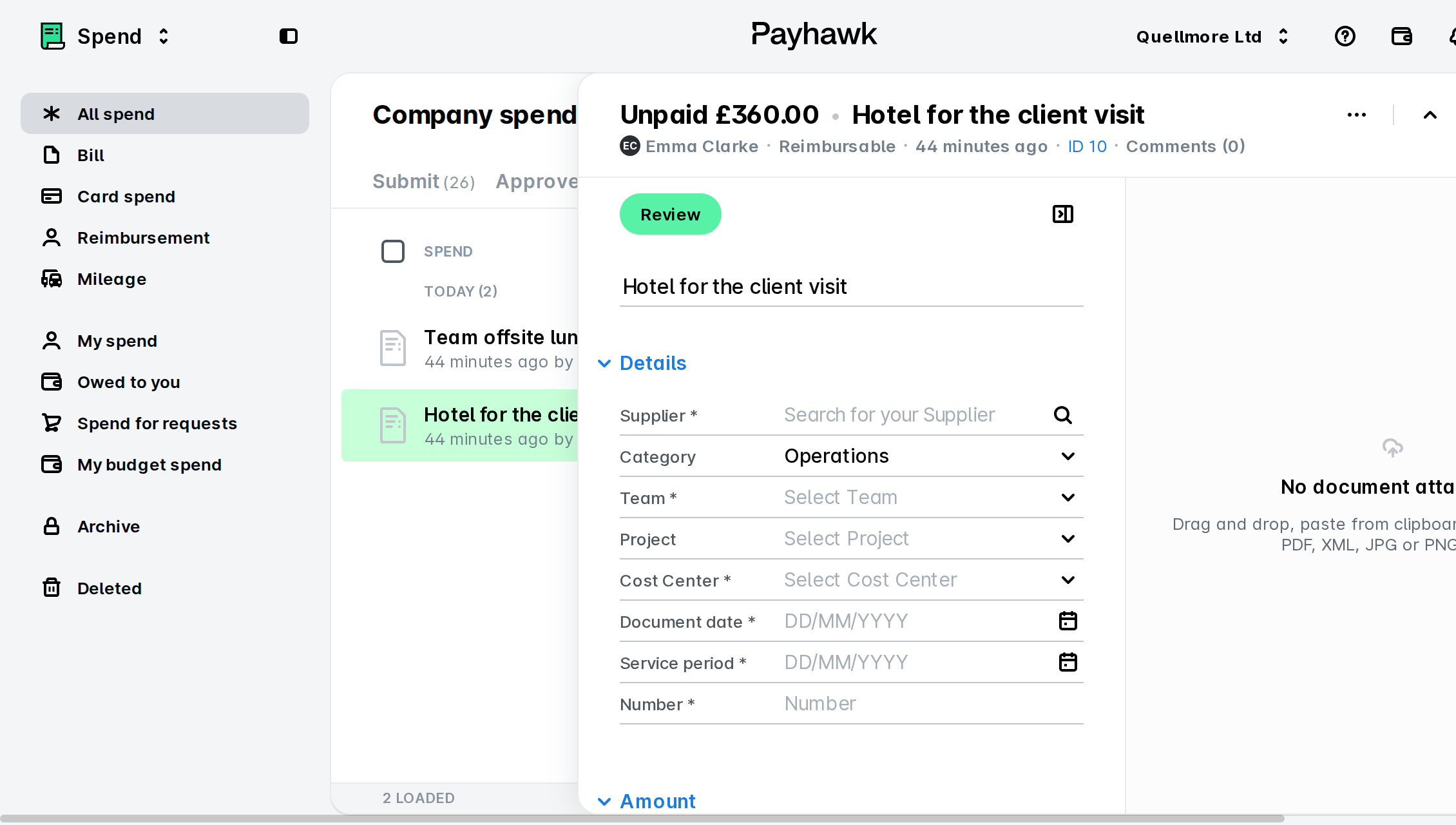 Payhawk Spend list with an unpaid £360.00 expense open in a side panel showing the Review button and its details fields.