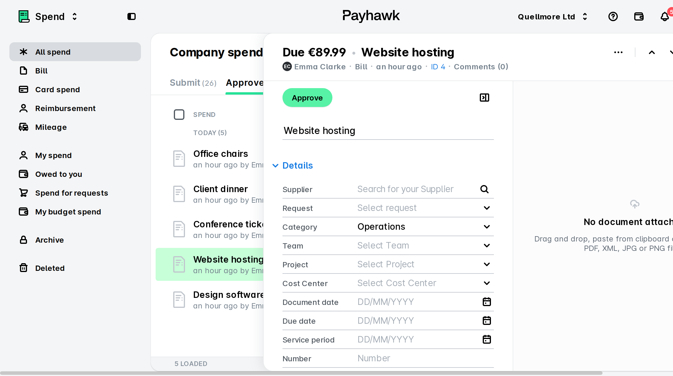 Payhawk Company spend list with the Website hosting bill selected and its details panel open beside an Approve button.