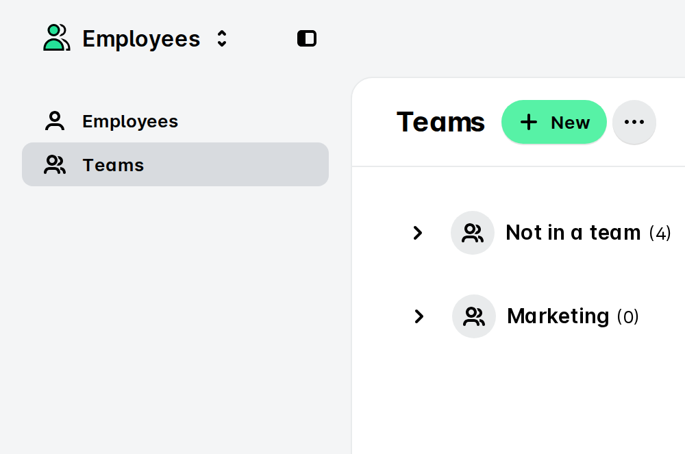 The Teams page in the Payhawk Employees app, listing "Not in a team" and a Marketing team, with a New button.